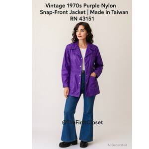 Vintage 1970s Purple Nylon Rain Coat Snap-Front Jacket